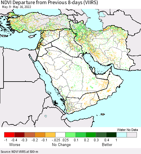 Middle East and Turkey NDVI Departure from Previous 8-days (VIIRS) Thematic Map For 5/9/2022 - 5/16/2022
