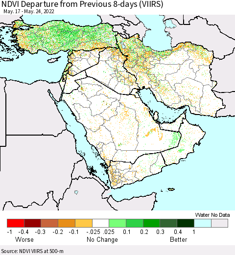 Middle East and Turkey NDVI Departure from Previous 8-days (VIIRS) Thematic Map For 5/17/2022 - 5/24/2022