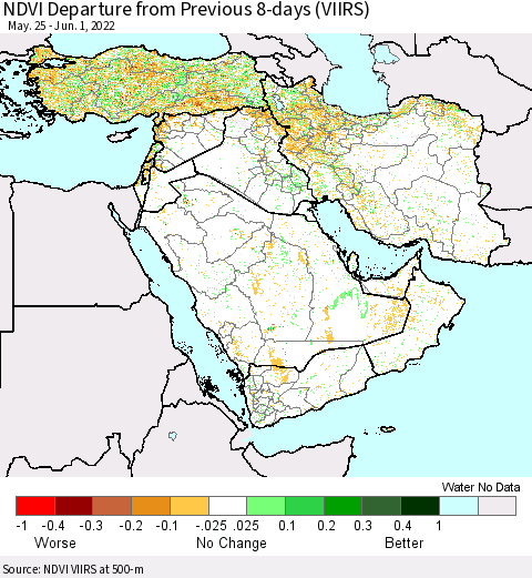 Middle East and Turkey NDVI Departure from Previous 8-days (VIIRS) Thematic Map For 5/25/2022 - 6/1/2022