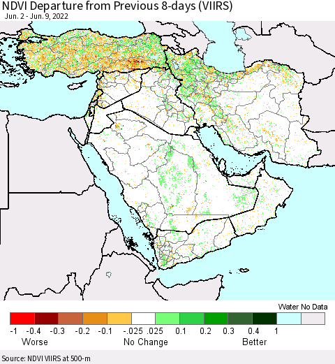 Middle East and Turkey NDVI Departure from Previous 8-days (VIIRS) Thematic Map For 6/2/2022 - 6/9/2022