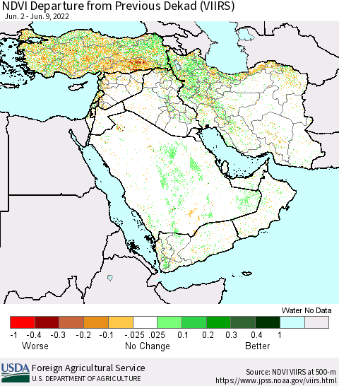 Middle East and Turkey NDVI Departure from Previous Dekad (VIIRS) Thematic Map For 6/1/2022 - 6/10/2022