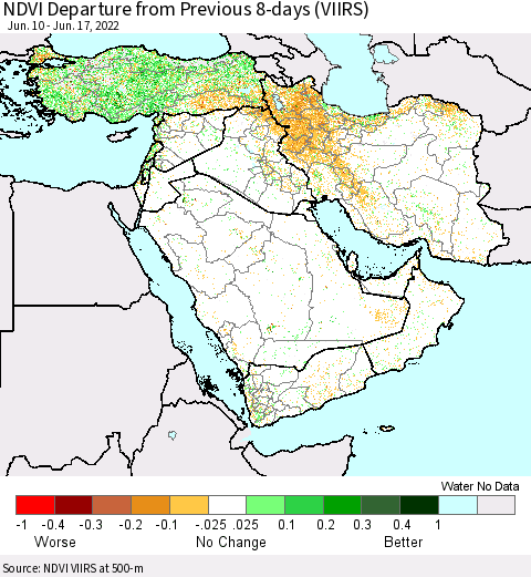 Middle East and Turkey NDVI Departure from Previous 8-days (VIIRS) Thematic Map For 6/10/2022 - 6/17/2022