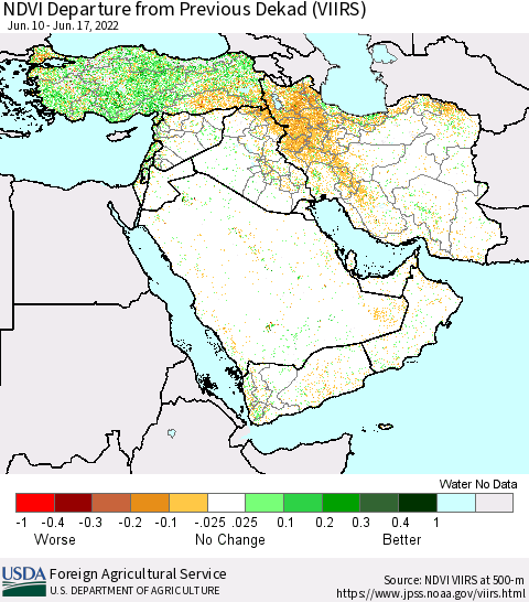 Middle East and Turkey NDVI Departure from Previous Dekad (VIIRS) Thematic Map For 6/11/2022 - 6/20/2022