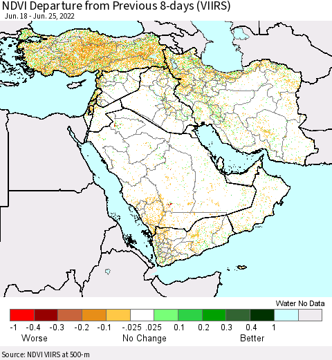 Middle East and Turkey NDVI Departure from Previous 8-days (VIIRS) Thematic Map For 6/18/2022 - 6/25/2022