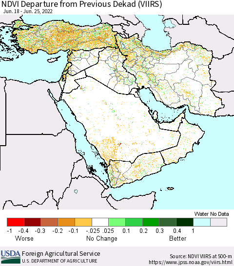 Middle East and Turkey NDVI Departure from Previous Dekad (VIIRS) Thematic Map For 6/21/2022 - 6/30/2022