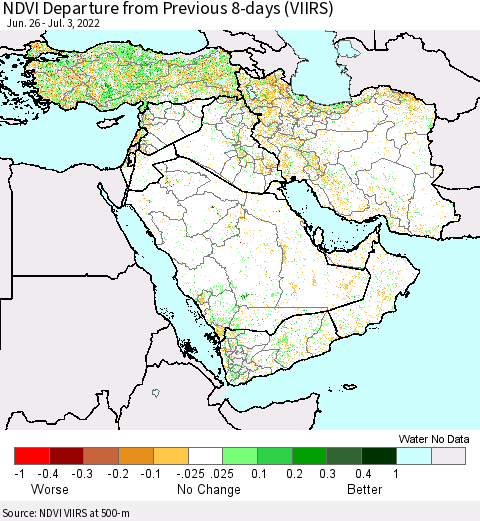 Middle East and Turkey NDVI Departure from Previous 8-days (VIIRS) Thematic Map For 6/26/2022 - 7/3/2022