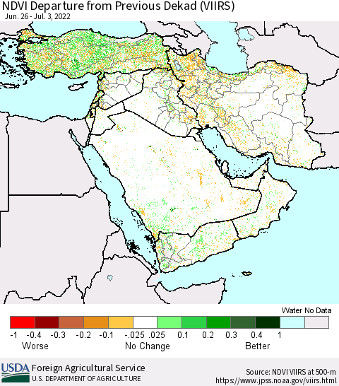 Middle East and Turkey NDVI Departure from Previous Dekad (VIIRS) Thematic Map For 7/1/2022 - 7/10/2022