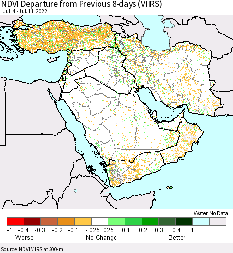 Middle East and Turkey NDVI Departure from Previous 8-days (VIIRS) Thematic Map For 7/4/2022 - 7/11/2022