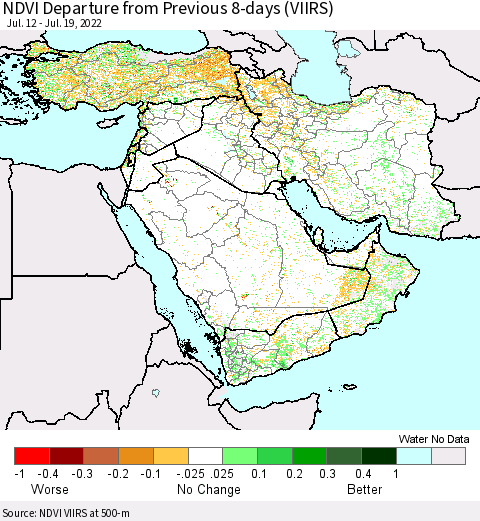 Middle East and Turkey NDVI Departure from Previous 8-days (VIIRS) Thematic Map For 7/12/2022 - 7/19/2022