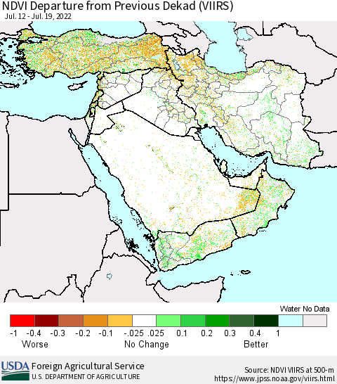 Middle East and Turkey NDVI Departure from Previous Dekad (VIIRS) Thematic Map For 7/11/2022 - 7/20/2022