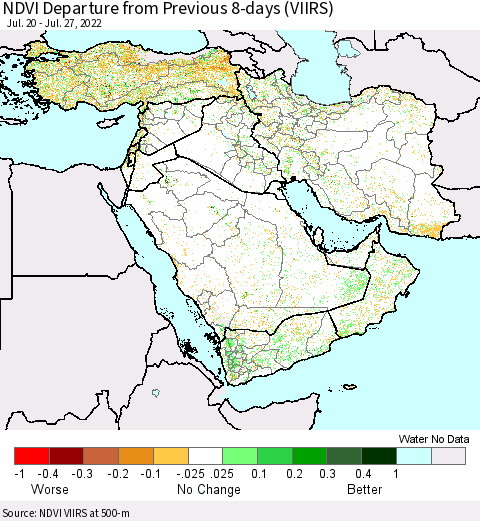 Middle East and Turkey NDVI Departure from Previous 8-days (VIIRS) Thematic Map For 7/20/2022 - 7/27/2022