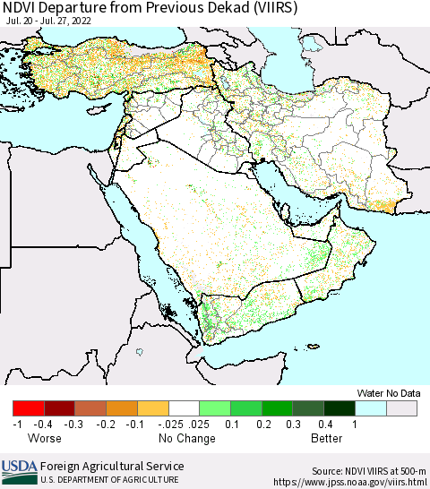 Middle East and Turkey NDVI Departure from Previous Dekad (VIIRS) Thematic Map For 7/21/2022 - 7/31/2022