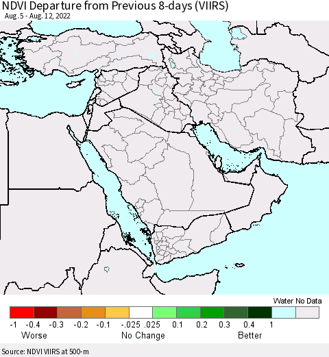 Middle East and Turkey NDVI Departure from Previous 8-days (VIIRS) Thematic Map For 8/5/2022 - 8/12/2022