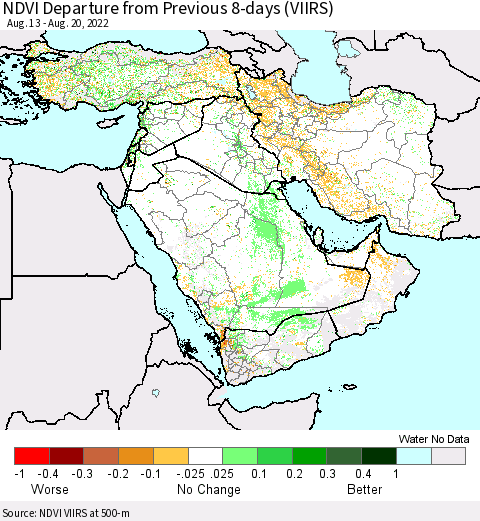 Middle East and Turkey NDVI Departure from Previous 8-days (VIIRS) Thematic Map For 8/13/2022 - 8/20/2022