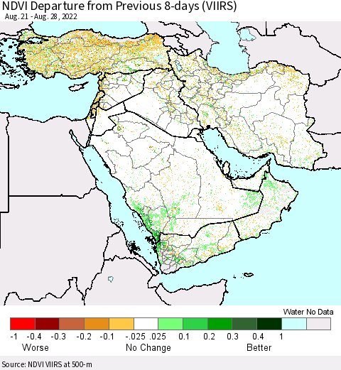 Middle East and Turkey NDVI Departure from Previous 8-days (VIIRS) Thematic Map For 8/21/2022 - 8/28/2022