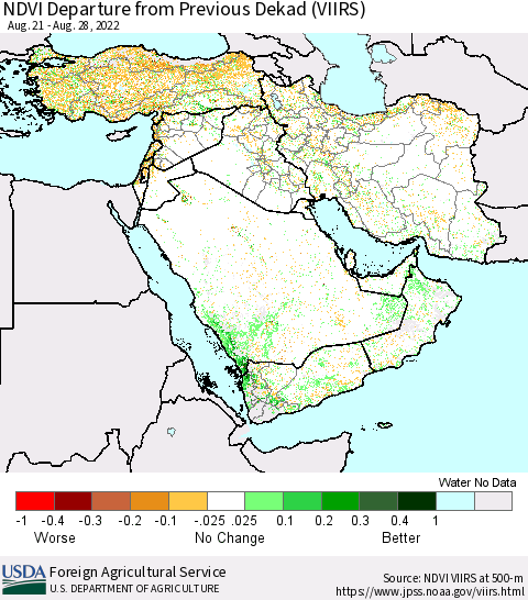 Middle East and Turkey NDVI Departure from Previous Dekad (VIIRS) Thematic Map For 8/21/2022 - 8/31/2022