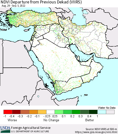 Middle East and Turkey NDVI Departure from Previous Dekad (VIIRS) Thematic Map For 9/1/2022 - 9/10/2022