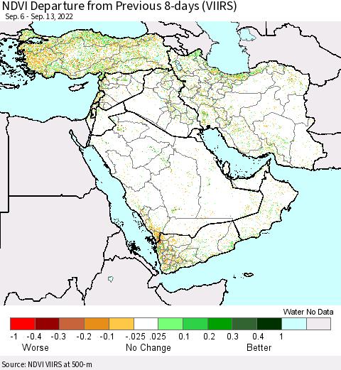 Middle East and Turkey NDVI Departure from Previous 8-days (VIIRS) Thematic Map For 9/6/2022 - 9/13/2022