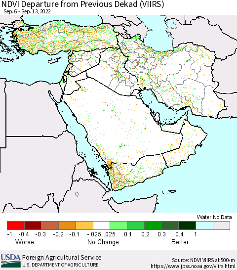 Middle East and Turkey NDVI Departure from Previous Dekad (VIIRS) Thematic Map For 9/11/2022 - 9/20/2022
