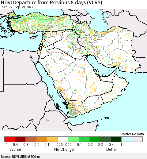 Middle East and Turkey NDVI Departure from Previous 8-days (VIIRS) Thematic Map For 9/22/2022 - 9/29/2022