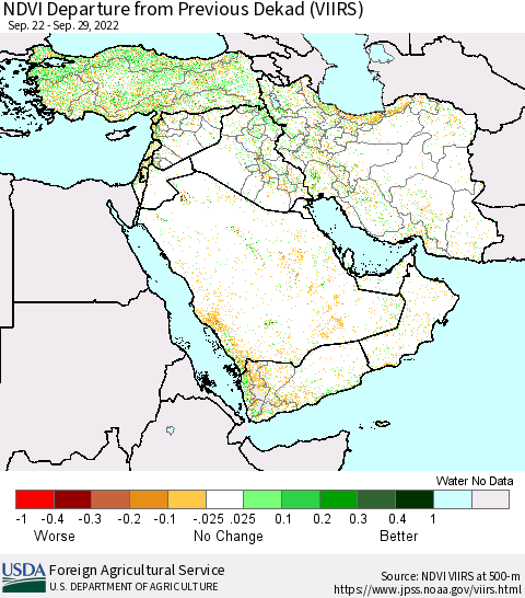 Middle East and Turkey NDVI Departure from Previous Dekad (VIIRS) Thematic Map For 9/21/2022 - 9/30/2022