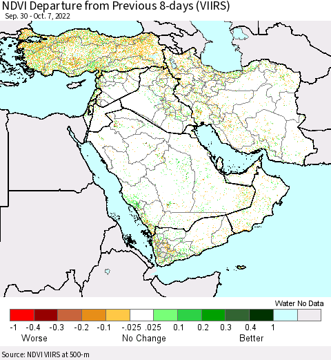 Middle East and Turkey NDVI Departure from Previous 8-days (VIIRS) Thematic Map For 9/30/2022 - 10/7/2022