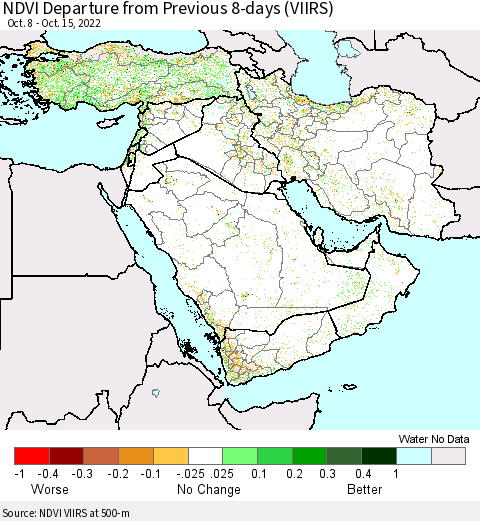 Middle East and Turkey NDVI Departure from Previous 8-days (VIIRS) Thematic Map For 10/8/2022 - 10/15/2022