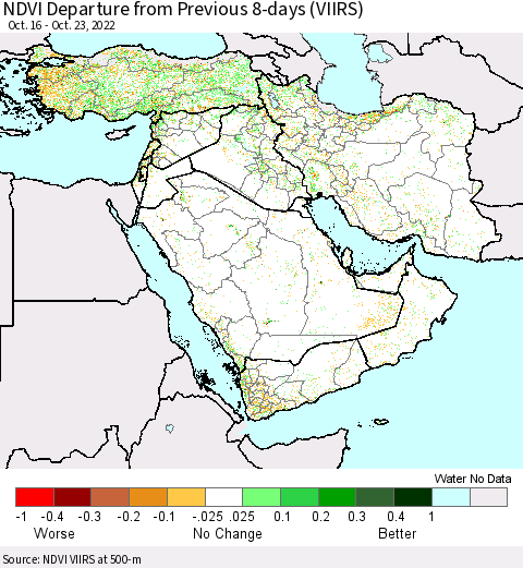 Middle East and Turkey NDVI Departure from Previous 8-days (VIIRS) Thematic Map For 10/16/2022 - 10/23/2022