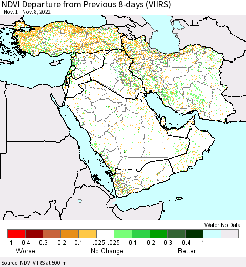 Middle East and Turkey NDVI Departure from Previous 8-days (VIIRS) Thematic Map For 11/1/2022 - 11/8/2022