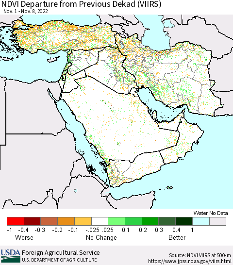 Middle East and Turkey NDVI Departure from Previous Dekad (VIIRS) Thematic Map For 11/1/2022 - 11/10/2022