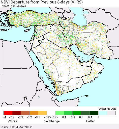 Middle East and Turkey NDVI Departure from Previous 8-days (VIIRS) Thematic Map For 11/9/2022 - 11/16/2022