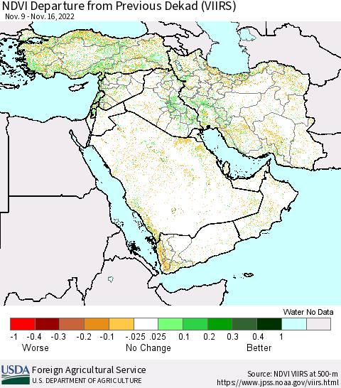 Middle East and Turkey NDVI Departure from Previous Dekad (VIIRS) Thematic Map For 11/11/2022 - 11/20/2022