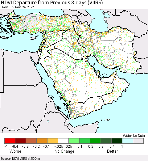 Middle East and Turkey NDVI Departure from Previous 8-days (VIIRS) Thematic Map For 11/17/2022 - 11/24/2022