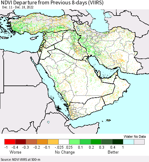 Middle East and Turkey NDVI Departure from Previous 8-days (VIIRS) Thematic Map For 12/11/2022 - 12/18/2022