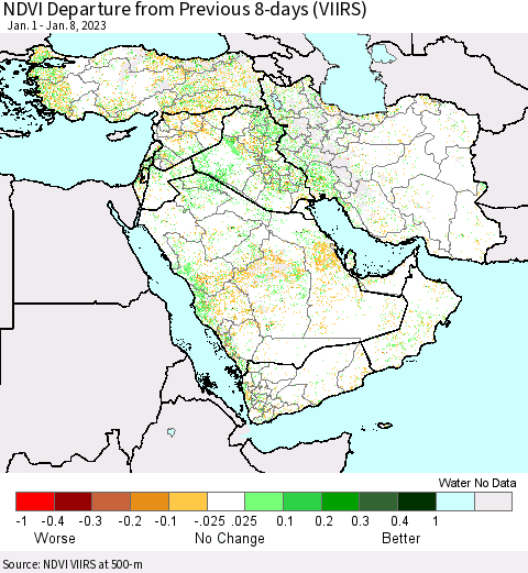 Middle East and Turkey NDVI Departure from Previous 8-days (VIIRS) Thematic Map For 1/1/2023 - 1/8/2023