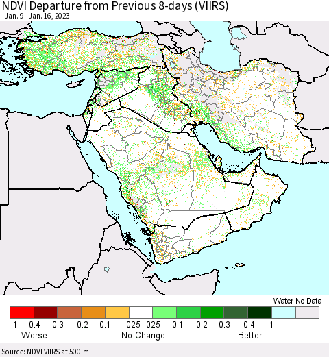 Middle East and Turkey NDVI Departure from Previous 8-days (VIIRS) Thematic Map For 1/9/2023 - 1/16/2023