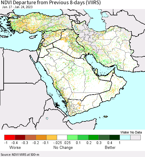 Middle East and Turkey NDVI Departure from Previous 8-days (VIIRS) Thematic Map For 1/17/2023 - 1/24/2023