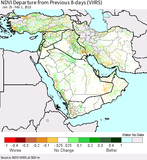 Middle East and Turkey NDVI Departure from Previous 8-days (VIIRS) Thematic Map For 1/25/2023 - 2/1/2023