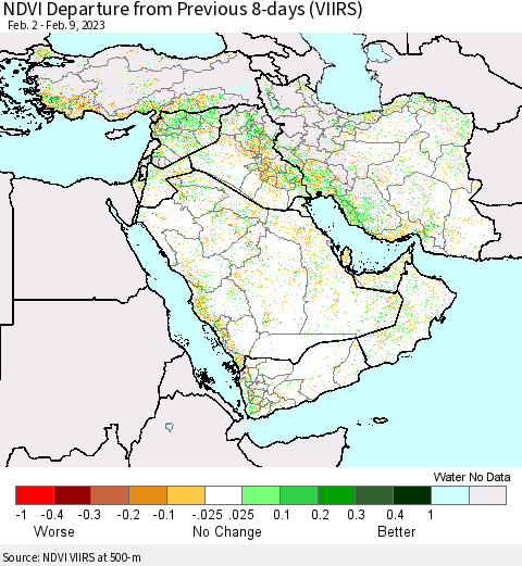 Middle East and Turkey NDVI Departure from Previous 8-days (VIIRS) Thematic Map For 2/2/2023 - 2/9/2023
