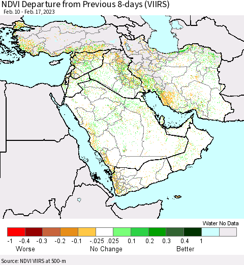 Middle East and Turkey NDVI Departure from Previous 8-days (VIIRS) Thematic Map For 2/10/2023 - 2/17/2023