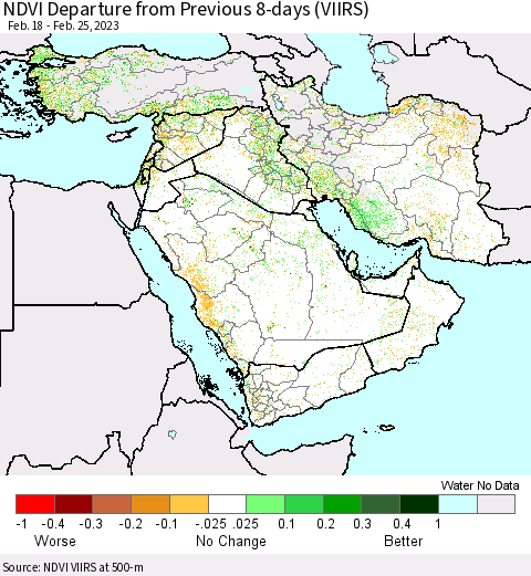 Middle East and Turkey NDVI Departure from Previous 8-days (VIIRS) Thematic Map For 2/18/2023 - 2/25/2023