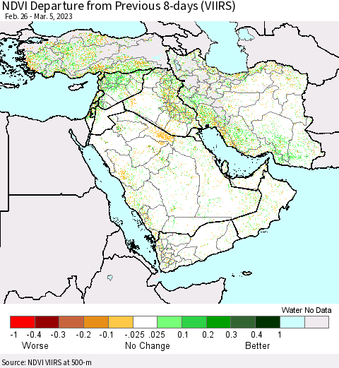 Middle East and Turkey NDVI Departure from Previous 8-days (VIIRS) Thematic Map For 2/26/2023 - 3/5/2023