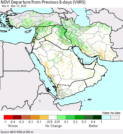 Middle East and Turkey NDVI Departure from Previous 8-days (VIIRS) Thematic Map For 3/6/2023 - 3/13/2023
