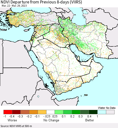 Middle East and Turkey NDVI Departure from Previous 8-days (VIIRS) Thematic Map For 3/22/2023 - 3/29/2023