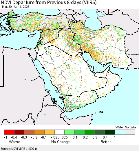 Middle East and Turkey NDVI Departure from Previous 8-days (VIIRS) Thematic Map For 3/30/2023 - 4/6/2023