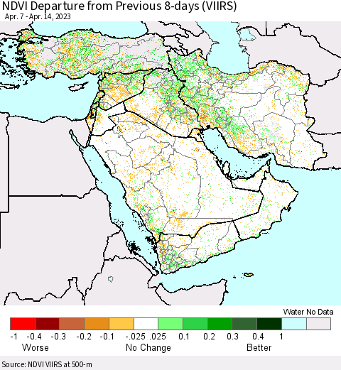 Middle East and Turkey NDVI Departure from Previous 8-days (VIIRS) Thematic Map For 4/7/2023 - 4/14/2023