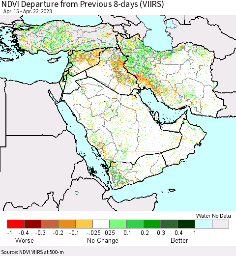 Middle East and Turkey NDVI Departure from Previous 8-days (VIIRS) Thematic Map For 4/15/2023 - 4/22/2023