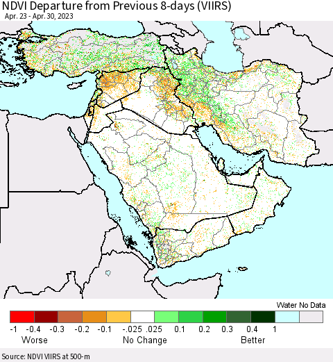 Middle East and Turkey NDVI Departure from Previous 8-days (VIIRS) Thematic Map For 4/23/2023 - 4/30/2023
