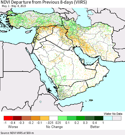 Middle East and Turkey NDVI Departure from Previous 8-days (VIIRS) Thematic Map For 5/1/2023 - 5/8/2023