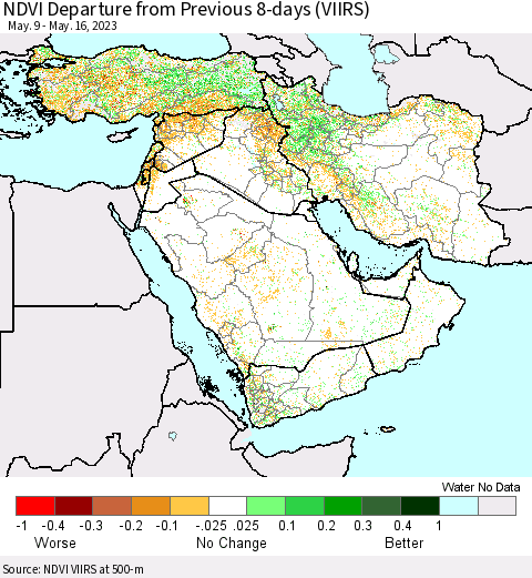 Middle East and Turkey NDVI Departure from Previous 8-days (VIIRS) Thematic Map For 5/9/2023 - 5/16/2023